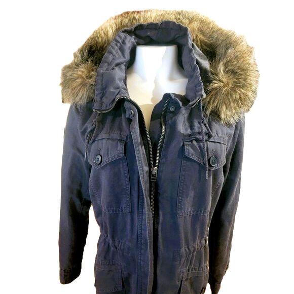 LOFT Cargo Utility Charcoal Grey Zip up & snap Removable Fur Trim Hood Petite Lg - Picture 5 of 10